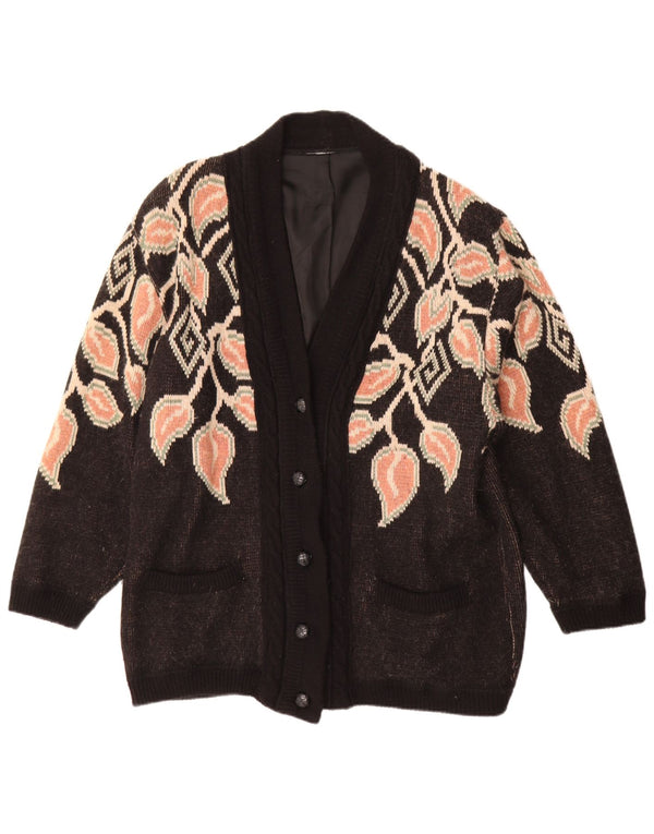 Maglione cardigan a vestibilità ampia con linea lunga da donna vintage UK 20 2XL Nero floreale