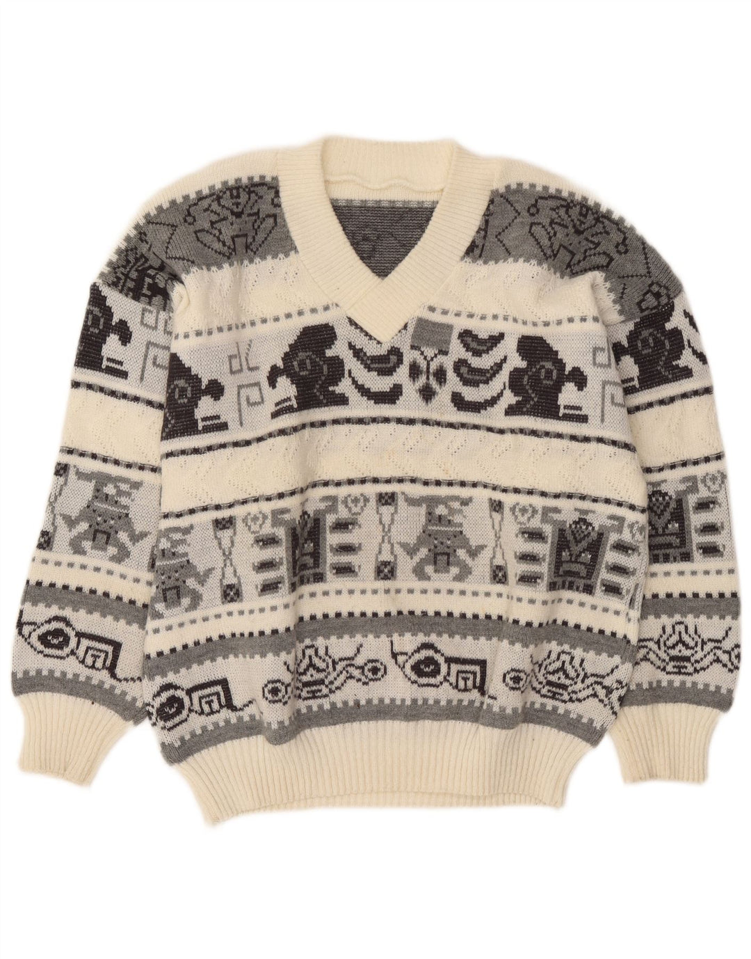 Maglione vintage da uomo con scollo a V, grande, bianco sporco, geometrico