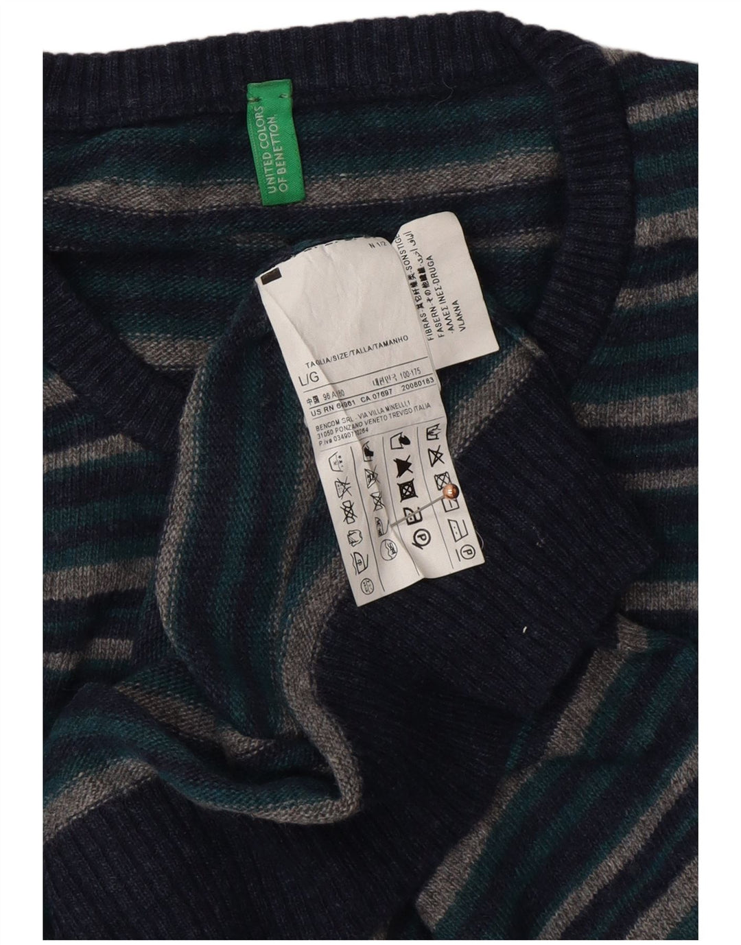 BENETTON Maglione da uomo girocollo in lana a righe grandi blu navy