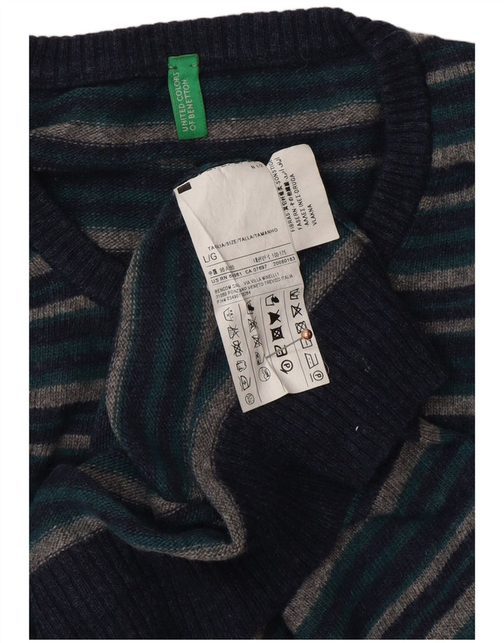BENETTON Maglione da uomo girocollo in lana a righe grandi blu navy