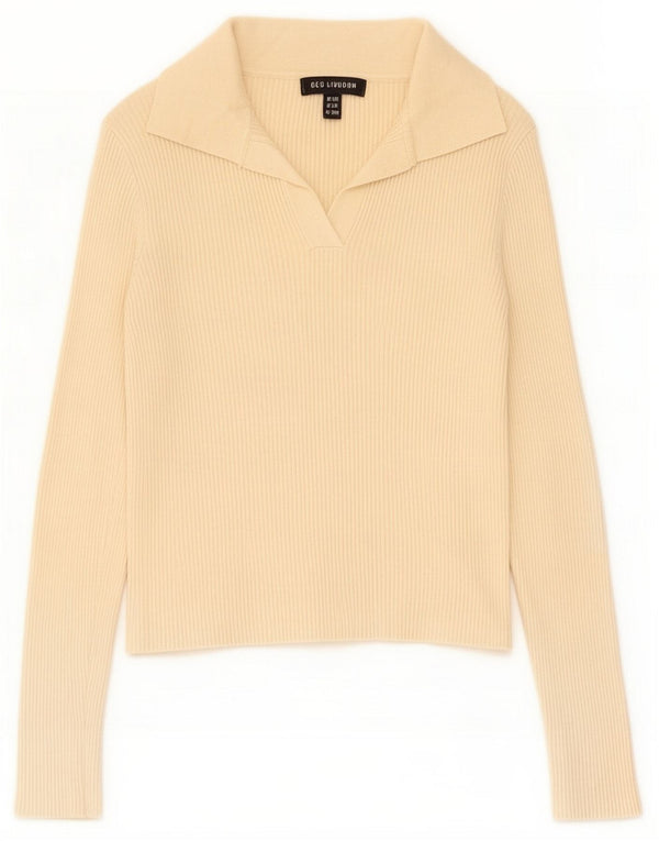 Qed London Polo corta a maniche lunghe da donna UK 10 Small Beige Viscosa