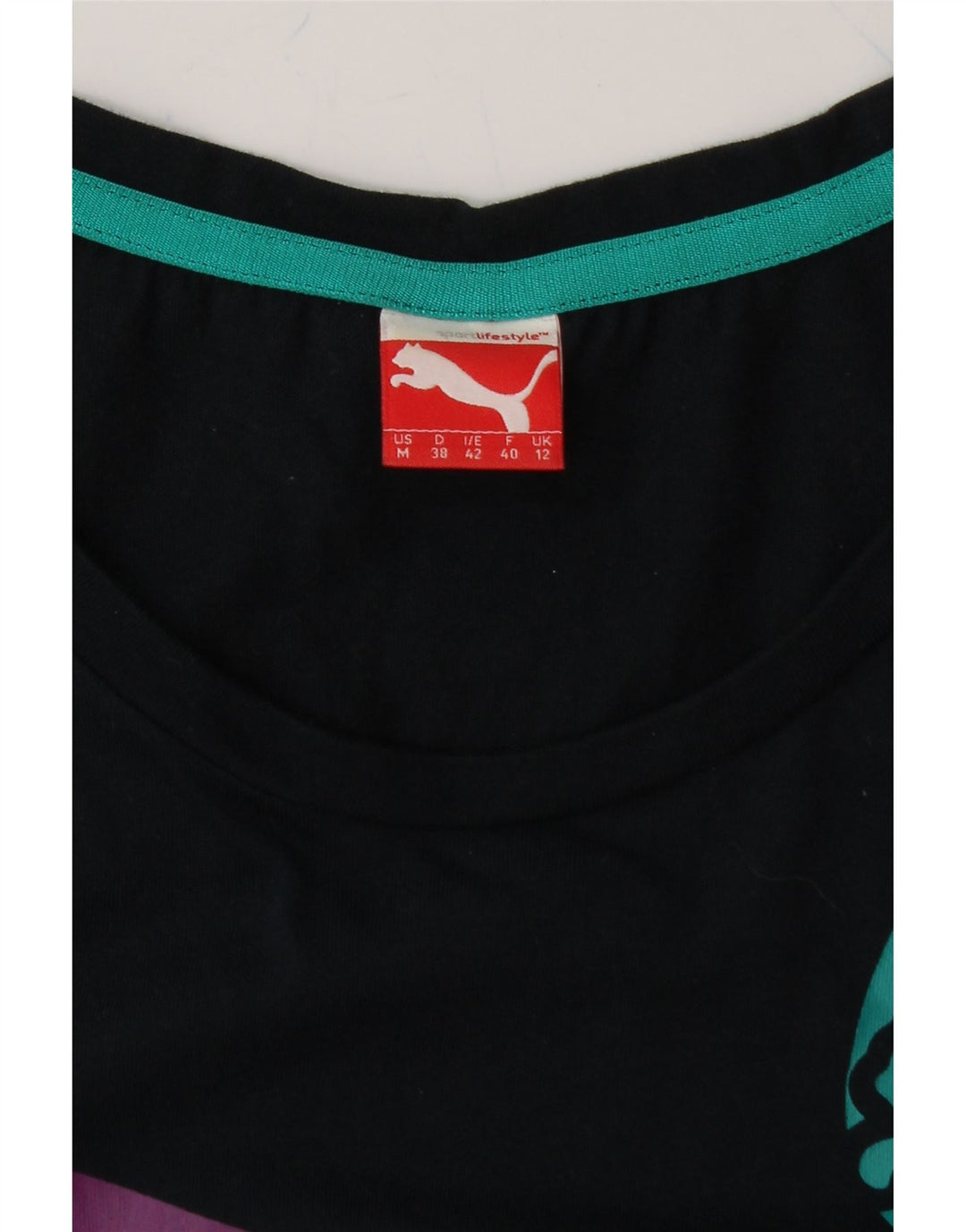 PUMA Womens Graphic T-Shirt Top UK 12 Medium Black Striped Vintage Puma and Second-Hand Puma from Messina Hembry 
