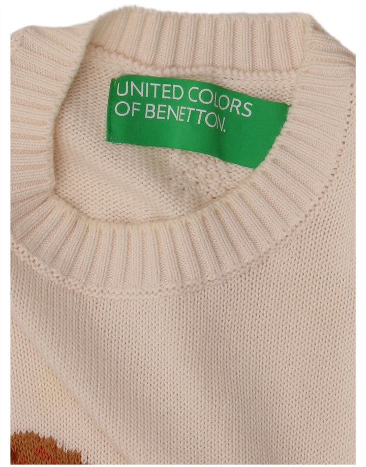 BENETTON Maglione girocollo con grafica da donna UK 14 Medio Bianco