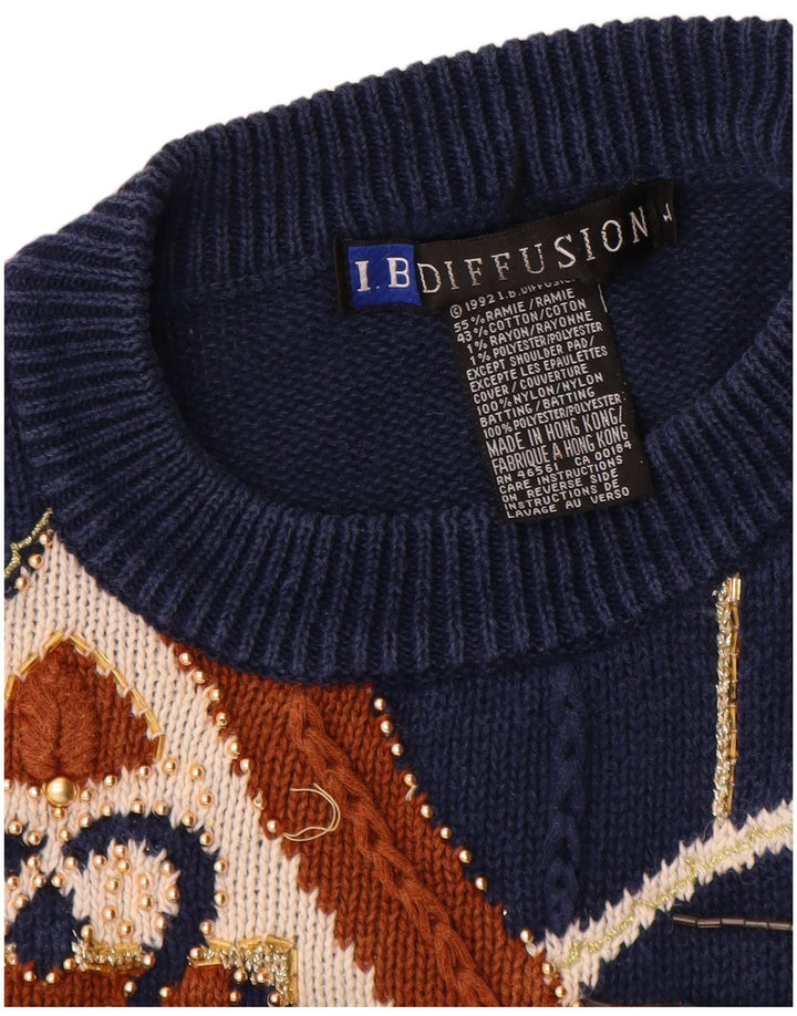 Maglione maglione girocollo da donna I.B Diffusion UK 16 grande motivo cachemire blu navy