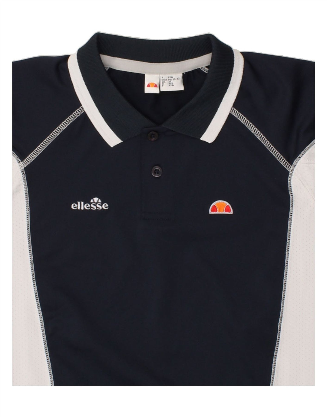 ELLESSE Boys Polo Shirt 11-12 Years Large Navy Blue Colourblock Polyester Vintage Ellesse and Second-Hand Ellesse from Messina Hembry 