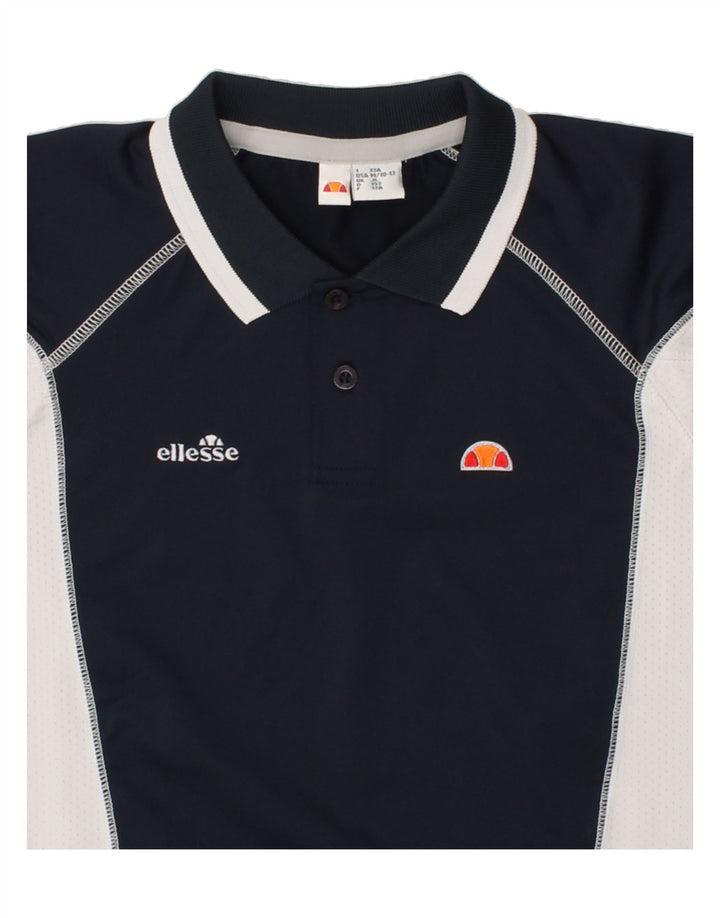 ELLESSE Boys Polo Shirt 11-12 Years Large Navy Blue Colourblock Polyester Vintage Ellesse and Second-Hand Ellesse from Messina Hembry 