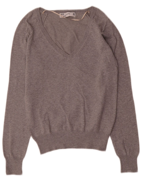 Maglione Zara da donna con scollo a V UK 10 piccolo cotone grigio