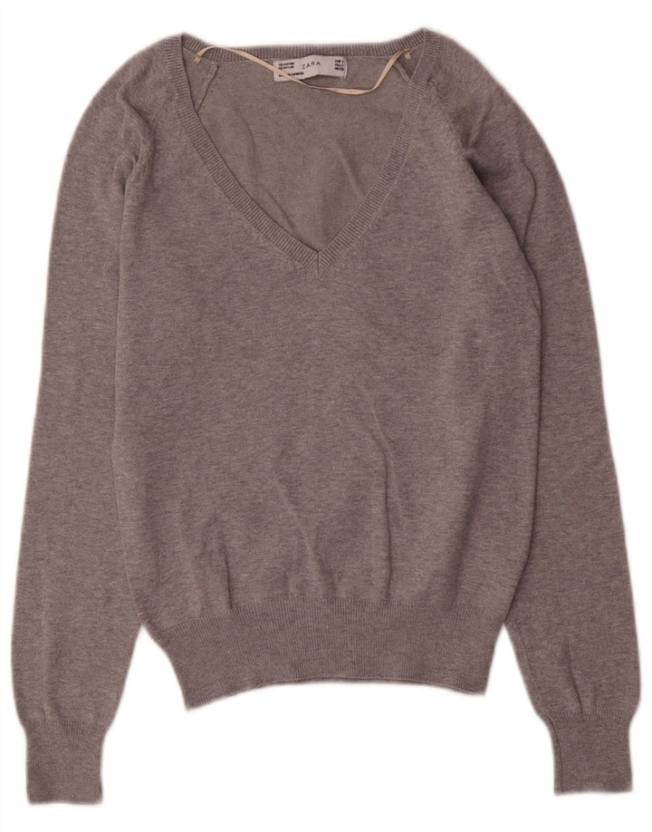 Maglione Zara da donna con scollo a V UK 10 piccolo cotone grigio