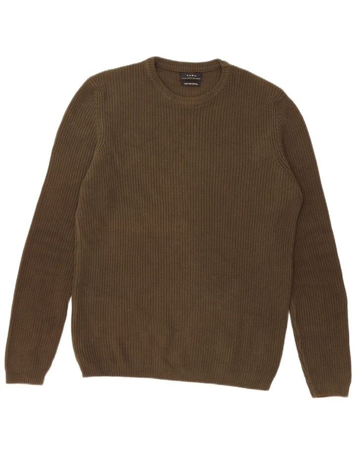 Maglione maglione girocollo da uomo Zara in cotone kaki medio