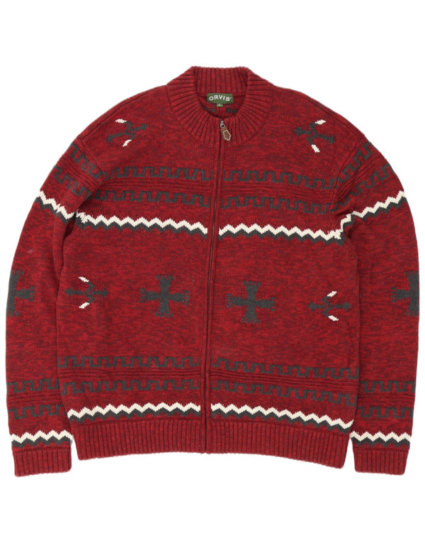 Maglione cardigan da uomo Orvis XL in cotone Fair Isle bordeaux