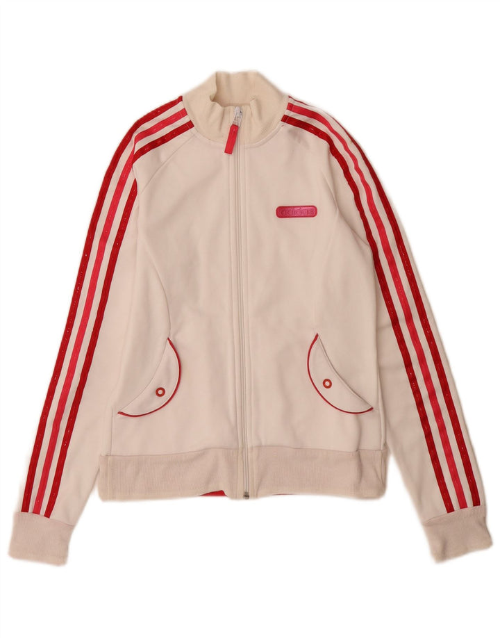 Giacca da ginnastica grafica da donna Adidas UK 8 Small in poliestere bianco sporco