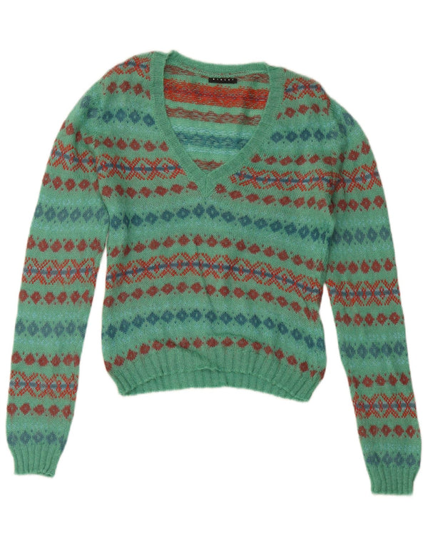 Maglione corto con scollo a V da donna SISLEY UK 14 Medio Turchese Fair Isle