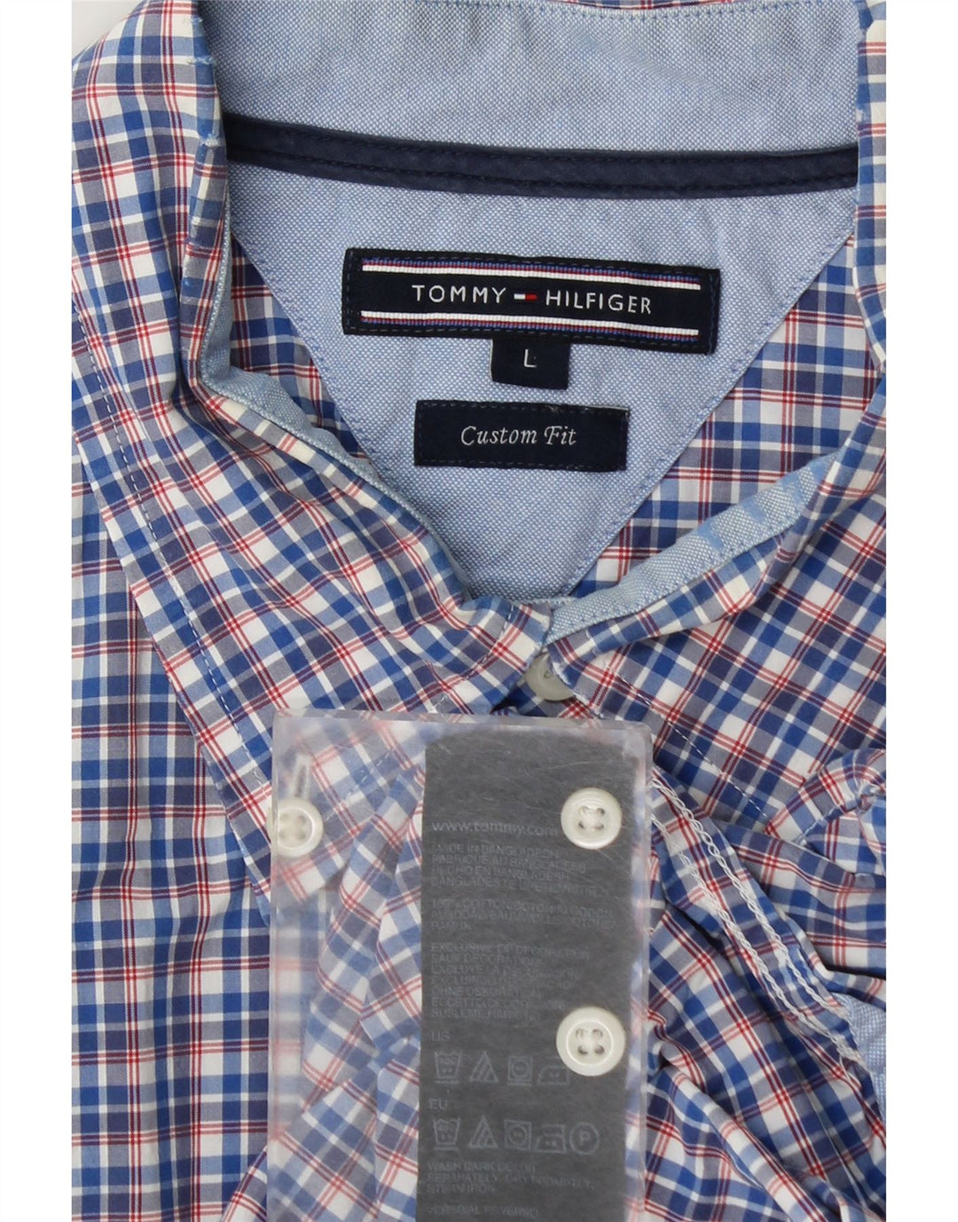 Camicia da uomo a maniche corte personalizzata Tommy Hilfiger, cotone a quadri blu di grandi dimensioni