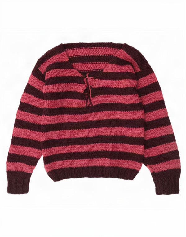 Maglione vintage da donna con scollo a V UK 12 a righe rosa medio