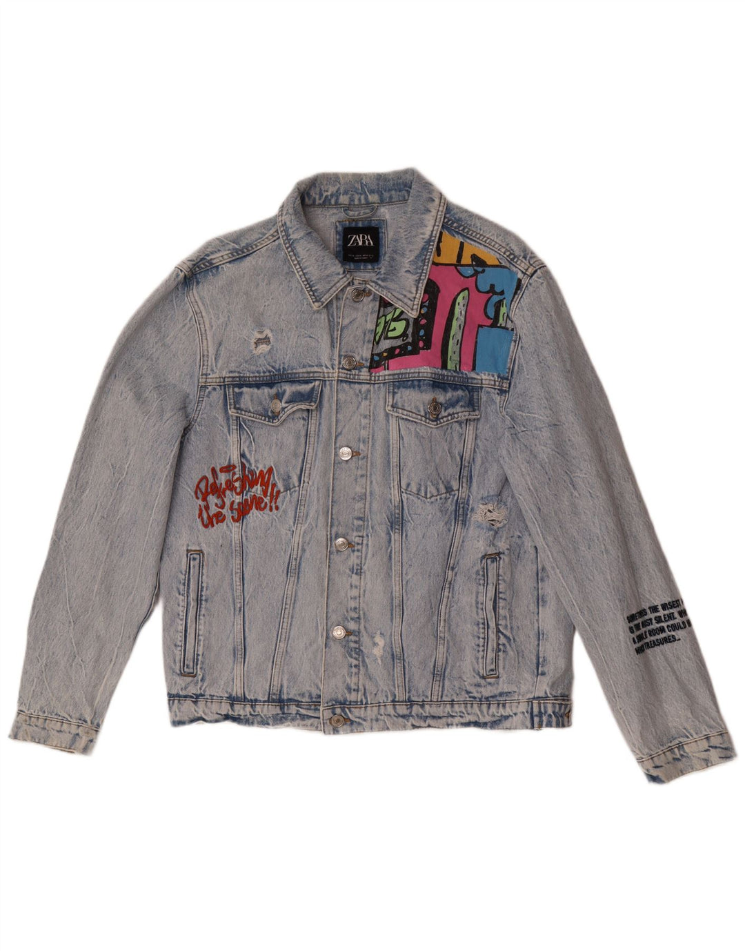 Giacca da uomo in denim con grafica invecchiata Zara UK 42 XL Blu