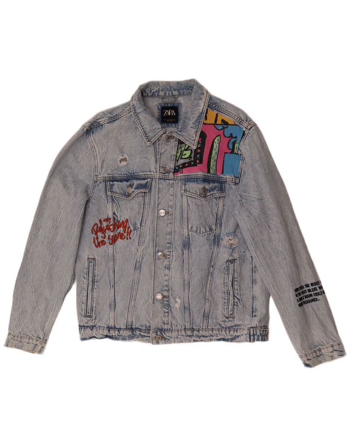 Giacca da uomo in denim con grafica invecchiata Zara UK 42 XL Blu
