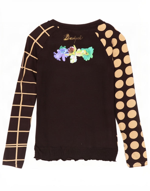 Desigual Donna Graphic Top Manica Lunga UK 10 Piccolo Nero Floreale Cotone