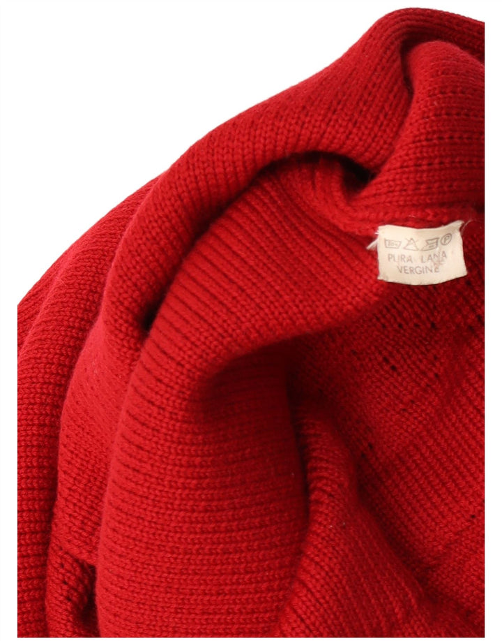 Maglione cardigan lungo da donna vintage UK 14 lana vergine rossa media