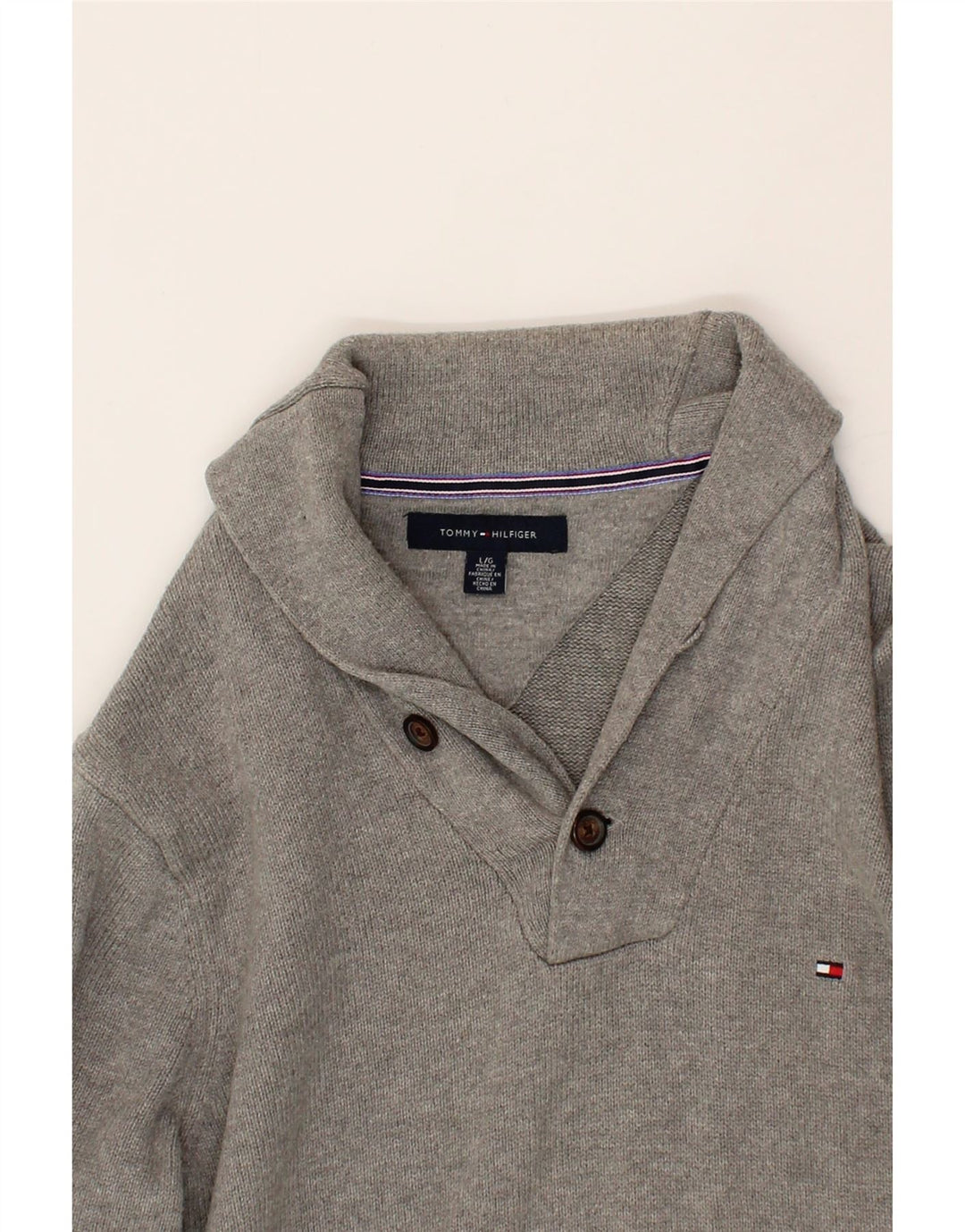 TOMMY HILFIGER Mens Shawl Neck Jumper Sweater Large Grey Cotton Vintage Tommy Hilfiger and Second-Hand Tommy Hilfiger from Messina Hembry 