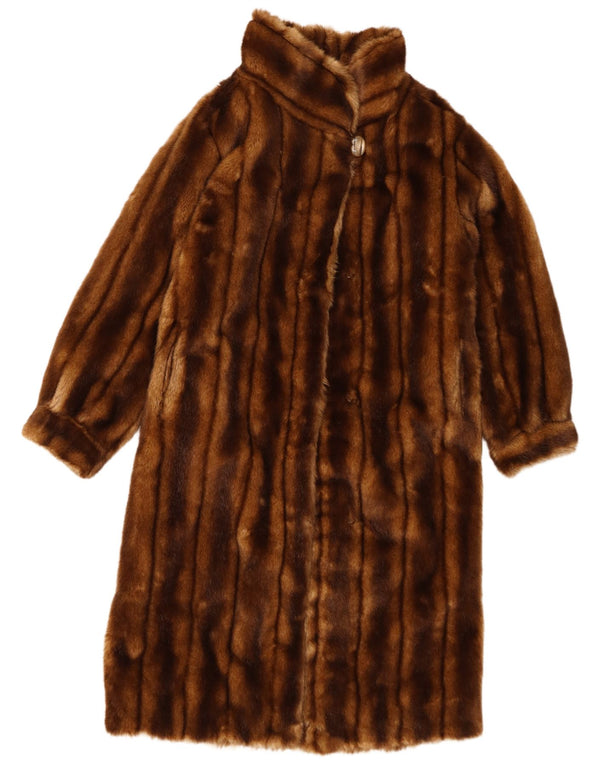 Soprabito vintage da donna in pelliccia sintetica UK 14 PVC a righe marrone medio