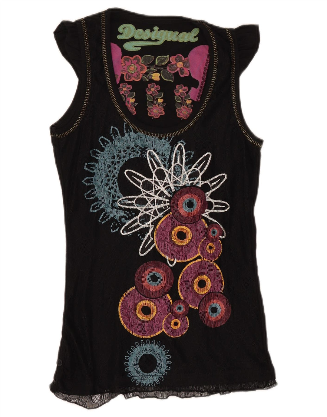DESIGUAL Camicetta grafica da donna Top UK 8 Small Nero Poliammide geometrico