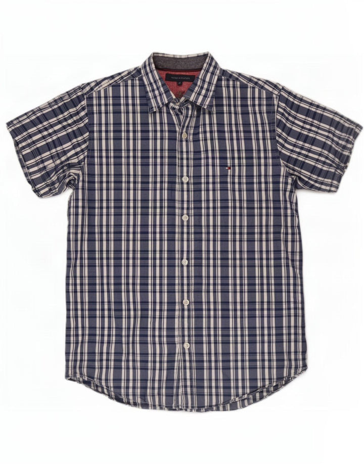 Camicia a maniche corte da uomo Tommy Hilfiger in cotone a quadri blu navy medio