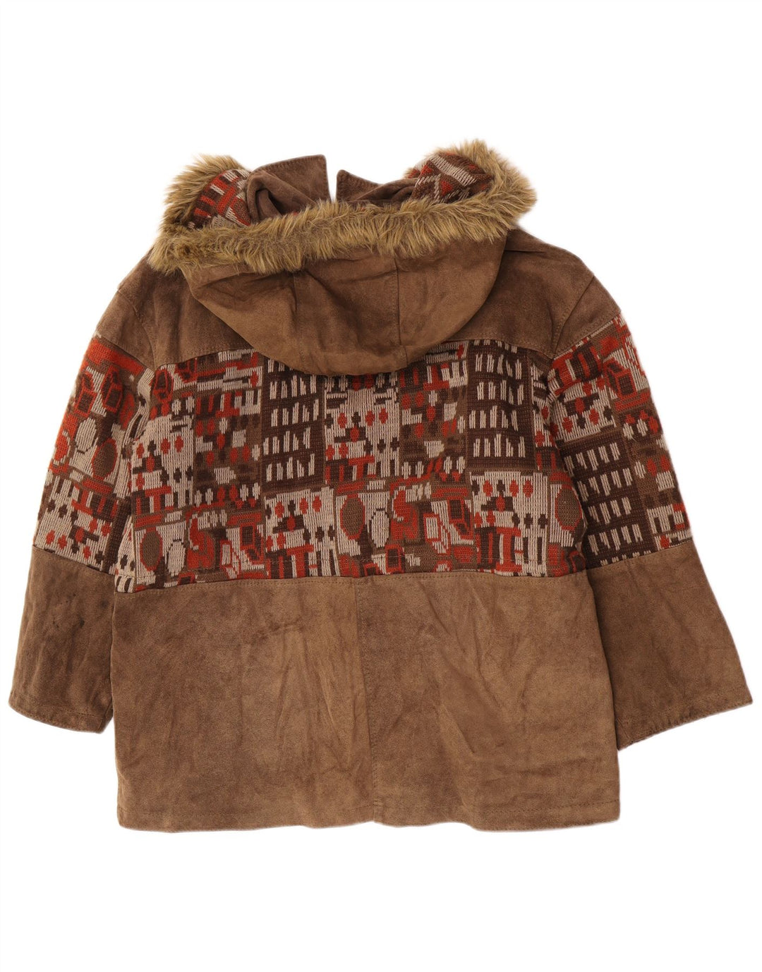 Cappotto vintage da donna oversize in pelle scamosciata con giacca a vento IT 46 Large Beige geometrico