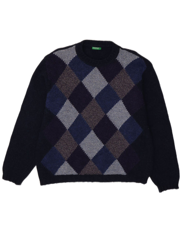 Maglione da uomo girocollo Benetton grande blu navy a rombi/diamante