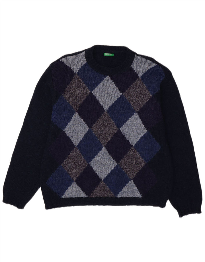 Maglione da uomo girocollo Benetton grande blu navy a rombi/diamante
