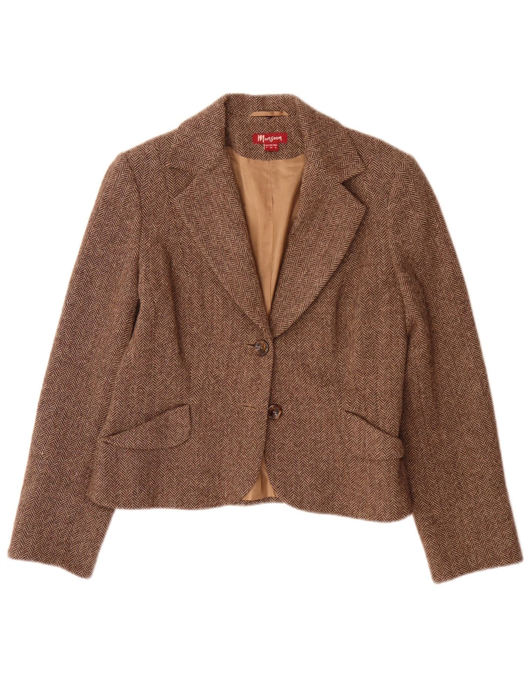 Giacca blazer da donna a 2 bottoni Monsoon UK 12 Lana a spina di pesce marrone medio