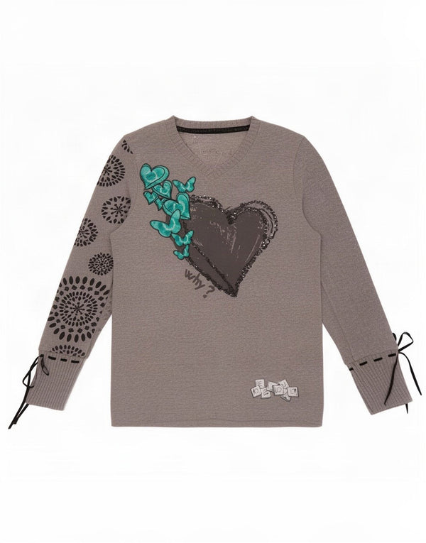Desigual Donna Graphic Top Manica Lunga UK 10 Piccolo Cuore Floreale Grigio