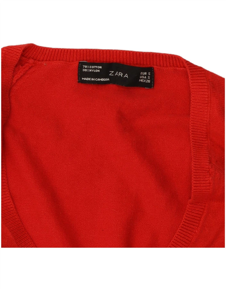 Maglione ZARA da donna con scollo a V UK 10 piccolo cotone rosso