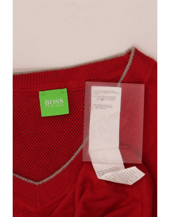 Hugo Boss Mens V-Neck Jumper Sweater Large Red Polyacrylic