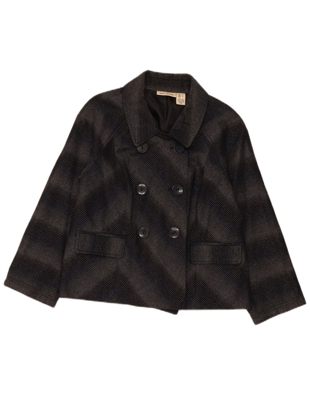 Giacca blazer doppiopetto da donna Dkny UK 16 grande acrilico grigio Chevron