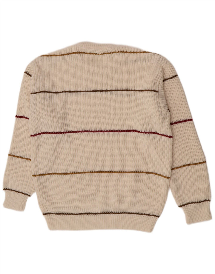 Maglione maglione girocollo da uomo vintage in acrilico a righe bianco sporco medio