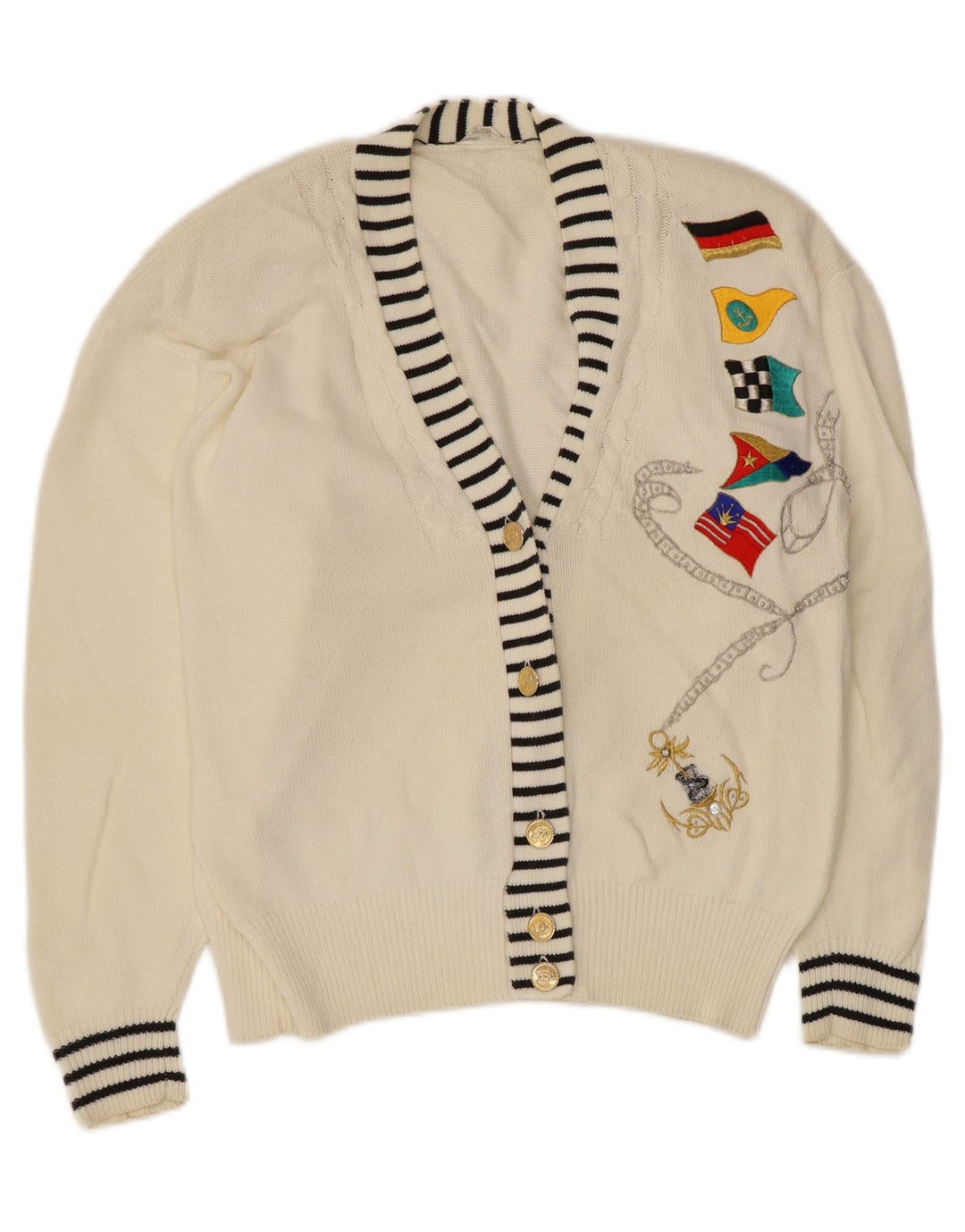 Maglione cardigan grafico da donna vintage EU 40/42 cotone bianco medio