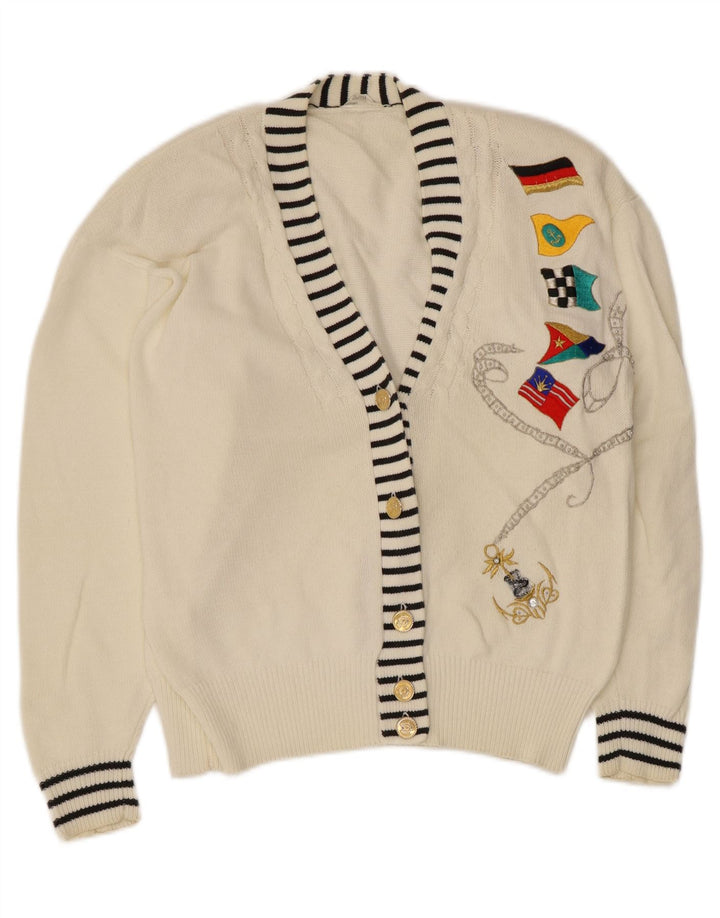 Maglione cardigan grafico da donna vintage EU 40/42 cotone bianco medio