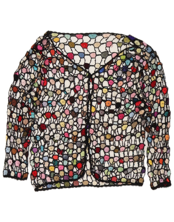 Top cardigan all'uncinetto da donna vintage UK 14 floreale multicolore medio
