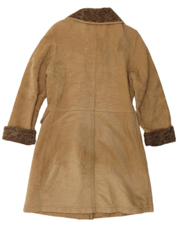 Cappotto in pelle doppio petto da donna VINTAGE UK 6 XS Colorblock marrone