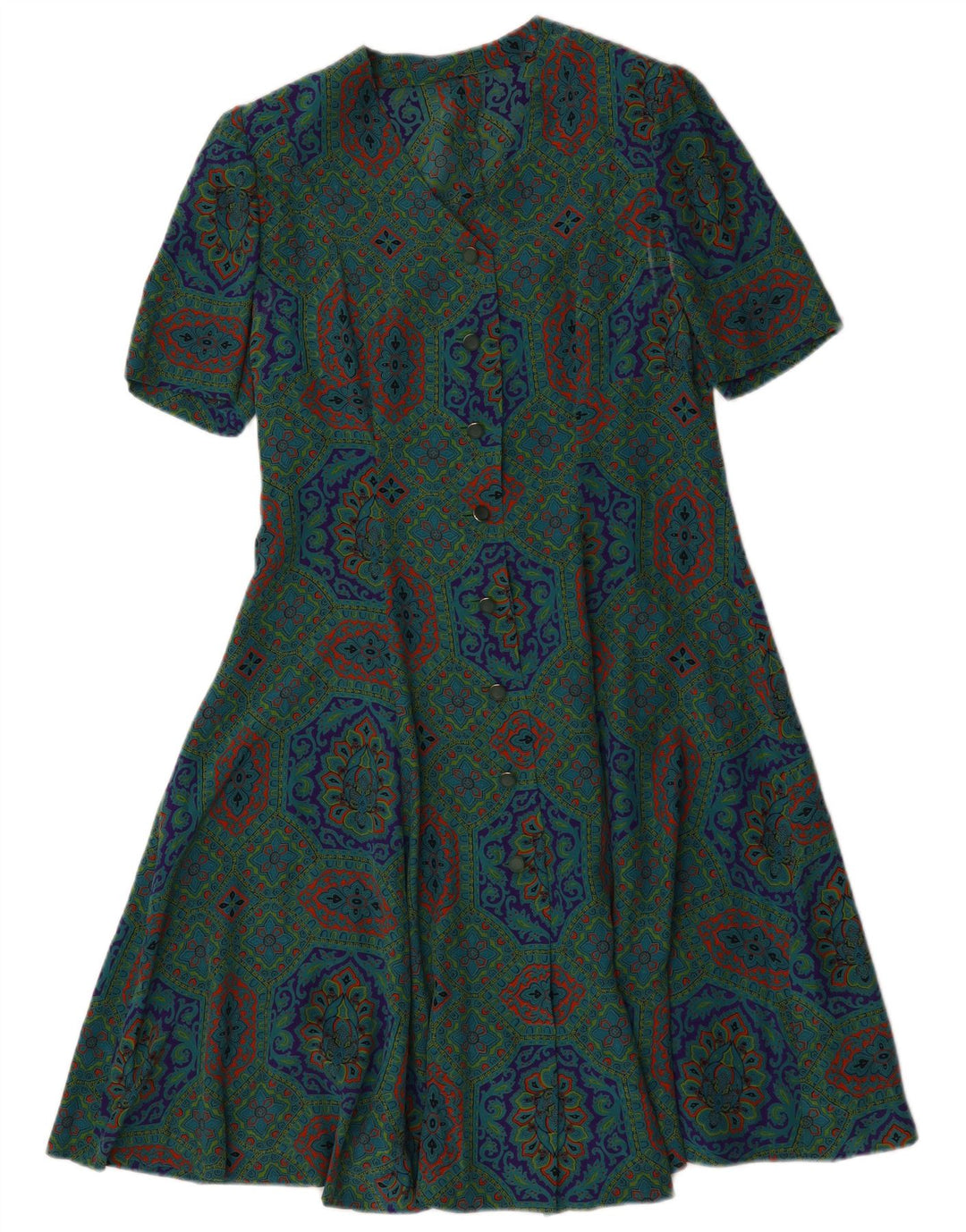 Abito a trapezio da donna vintage UK 14 verde medio geometrico