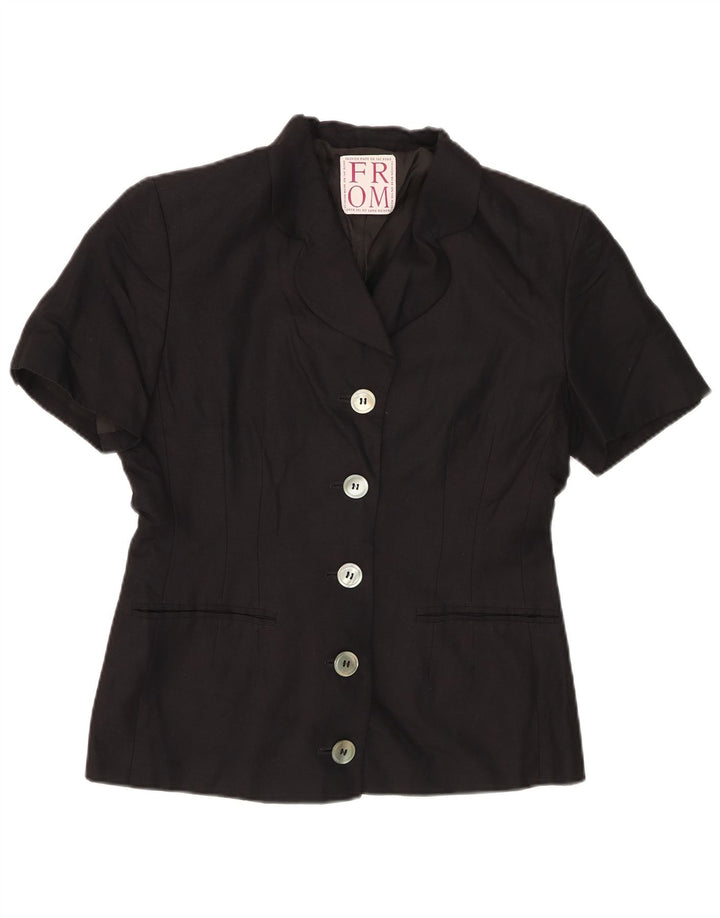 Giacca blazer a 5 bottoni vintage da donna a maniche corte UK 14 grande lino nero
