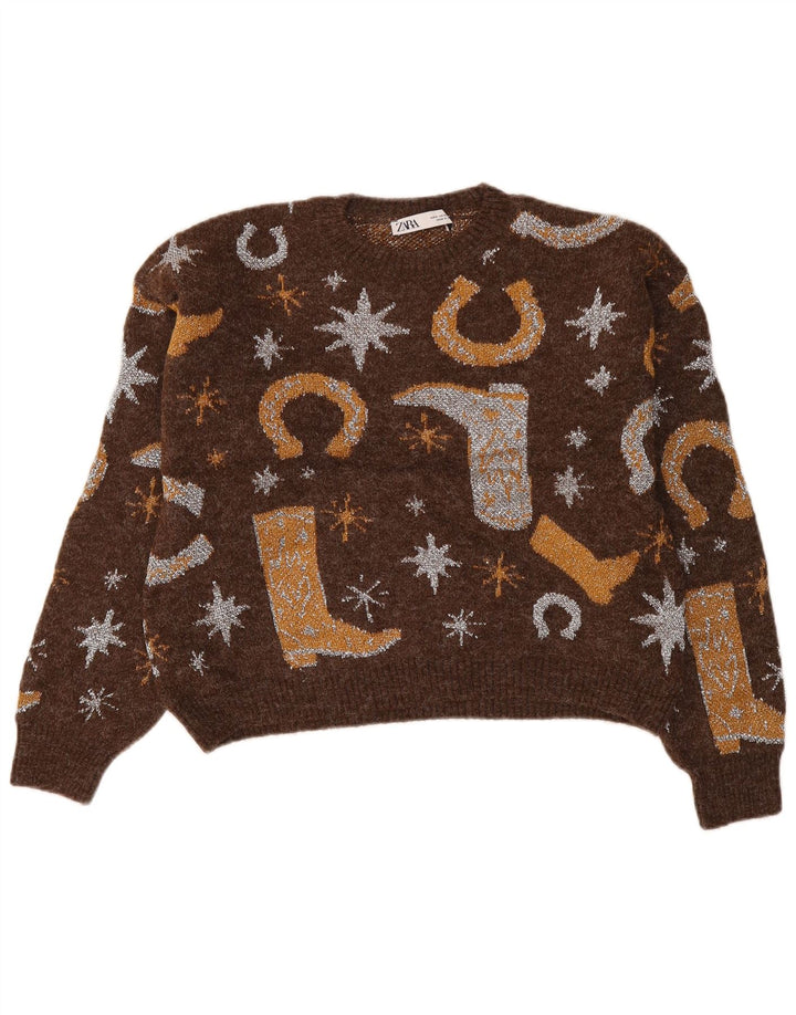 Maglione Zara da donna con scollo a barca e motivo astratto, taglia UK 10, piccolo marrone