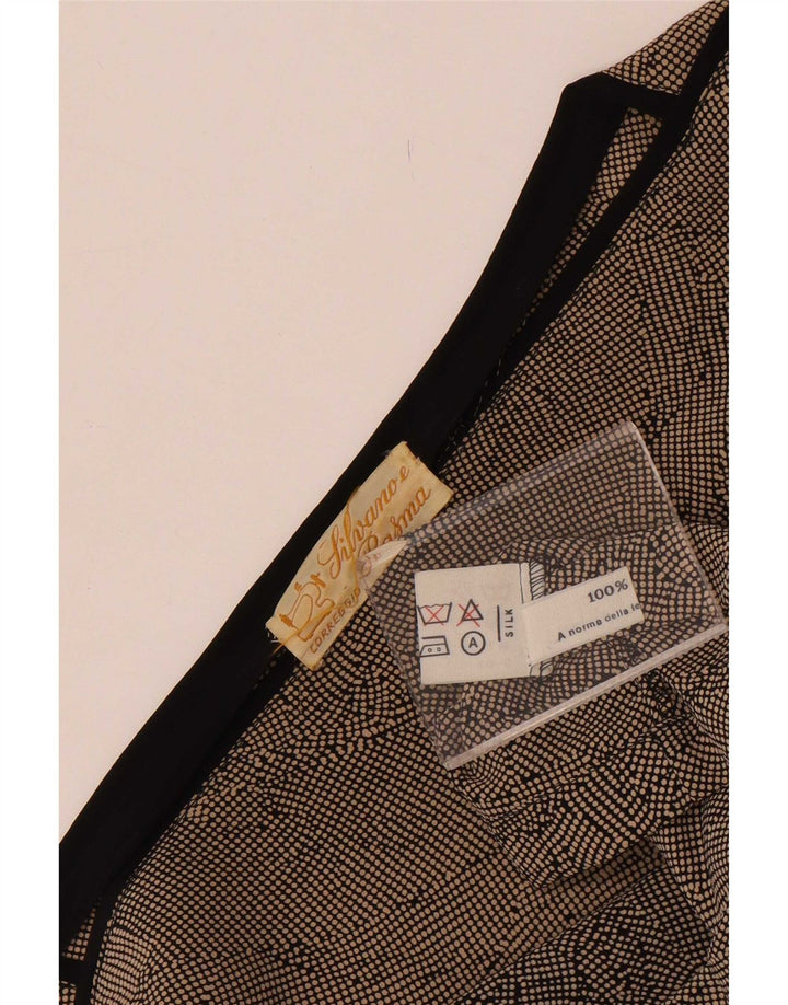 Top corto da donna vintage in camicetta UK 14 Seta maculata marrone medio