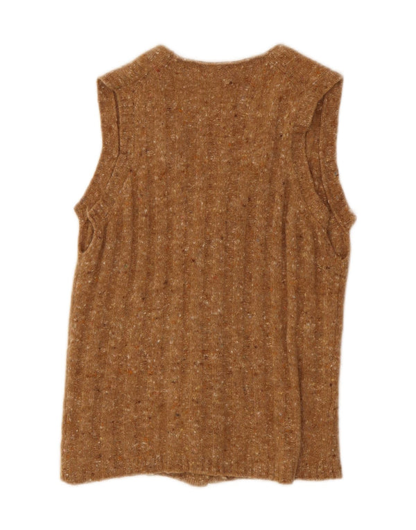 Maglione cardigan senza maniche vintage da donna UK 10 piccolo marrone screziato