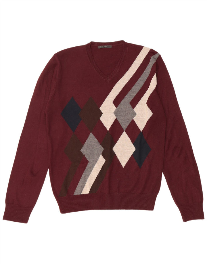 Sonny Bono Maglione da uomo con scollo a V, maglione medio bordeaux a rombi/lana diamante