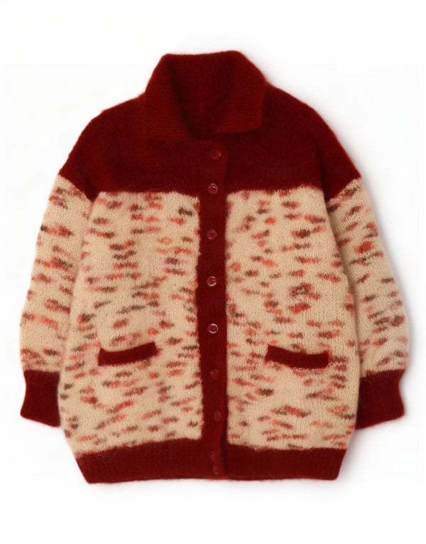 Maglione cardigan da donna vintage UK 20 2XL rosso chiazzato