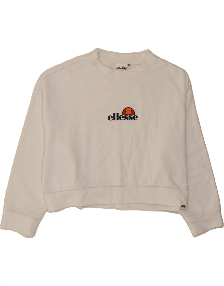 ELLESSE Womens Oversized Crop Graphic Sweatshirt Jumper UK 6 XS White Vintage Ellesse and Second-Hand Ellesse from Messina Hembry 