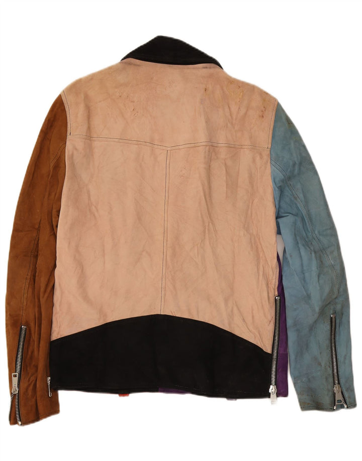 Giacca da motociclista vintage in pelle scamosciata da donna UK 16 grande blocco di colore multicolore
