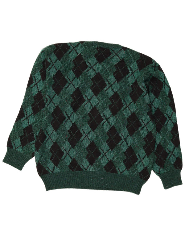 Vintage Mens Crew Neck Jumper Sweater IT 48 Medium Green Argyle/Diamond