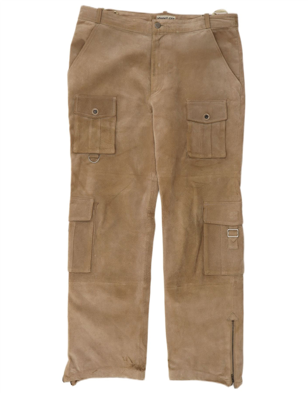 JOHN F GEE Pantaloni cargo dritti in pelle scamosciata da uomo EU 50 Large W34 L32 Beige